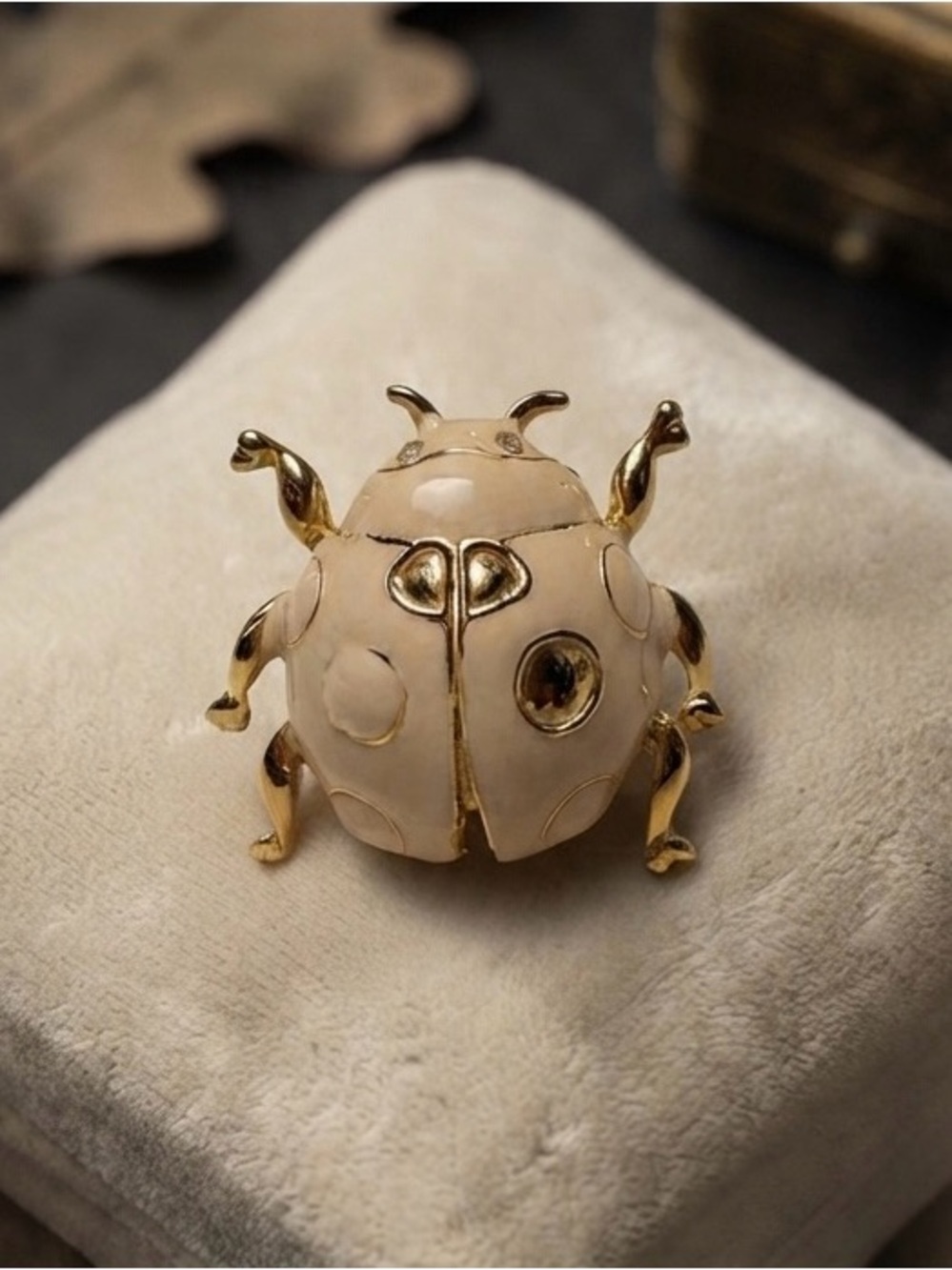Vintage Cream & Gold Enamel Beetle Brooch – Whimsical Statement Piece